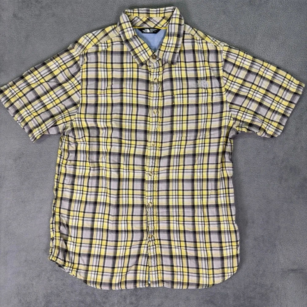 The North Face Shirt Mens Medium Blue Yellow Gray Plaid Button Up Pocket Lined